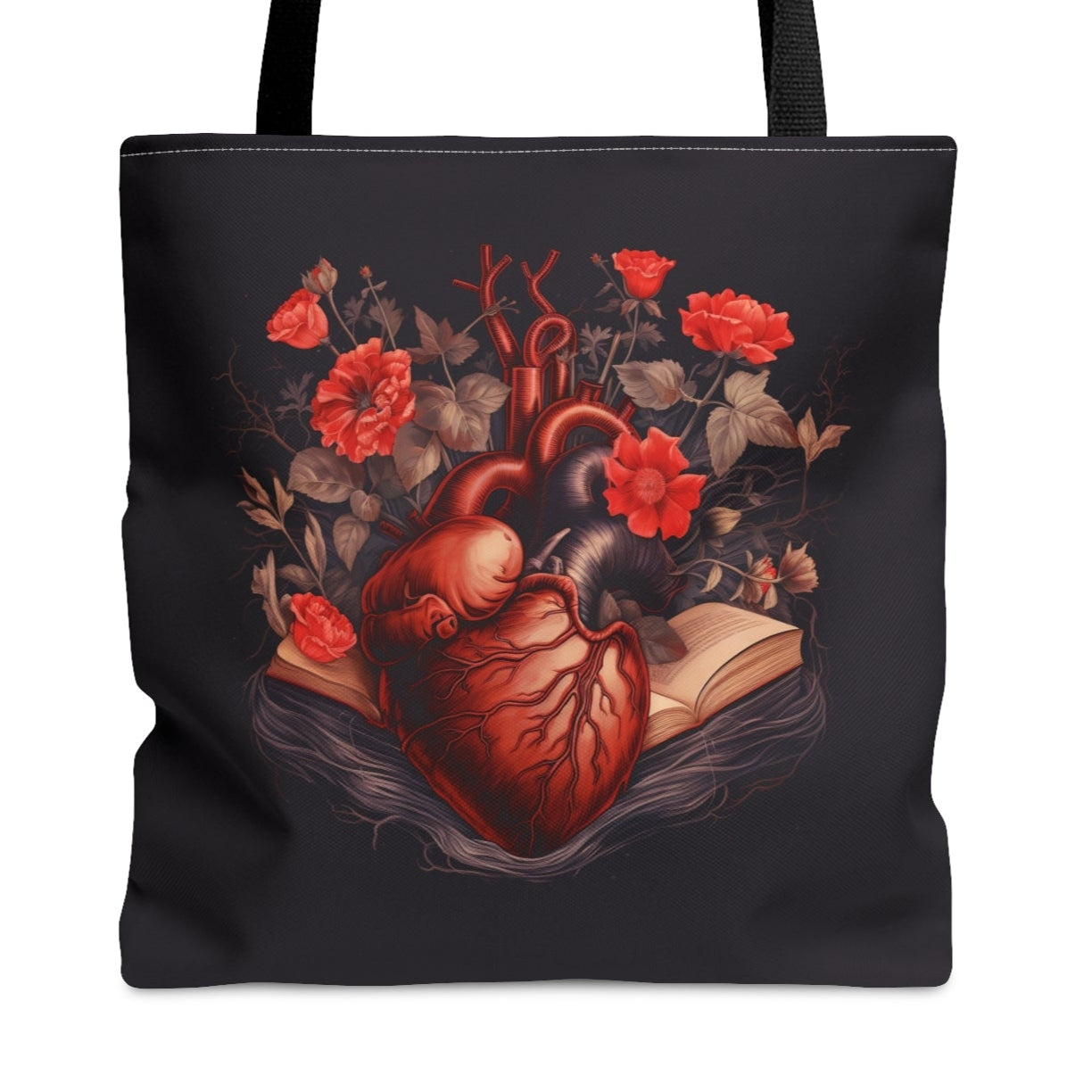 Black tote bag with a design of a heart and flowers on a white background