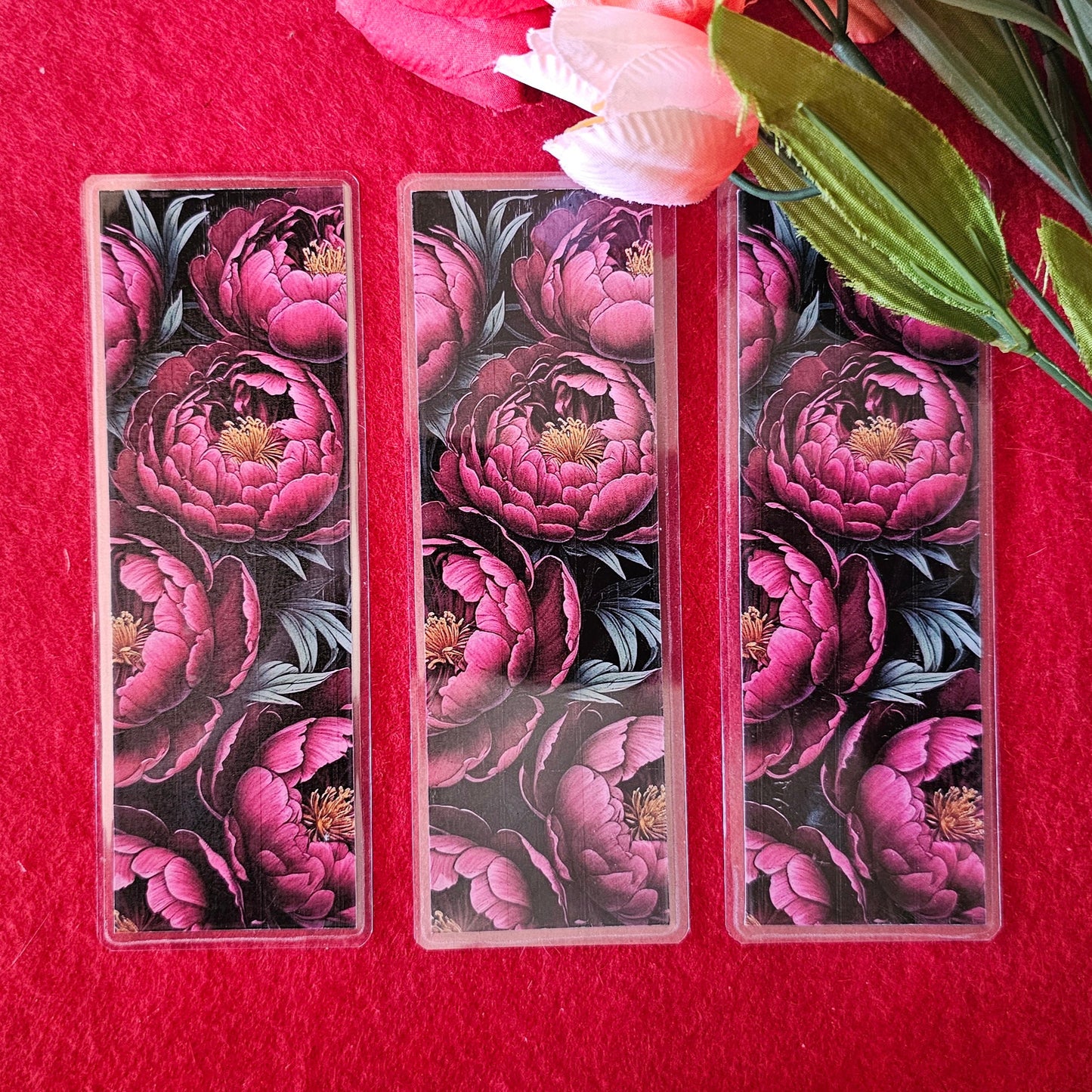Dark Pink Peonies Laminated Bookmark