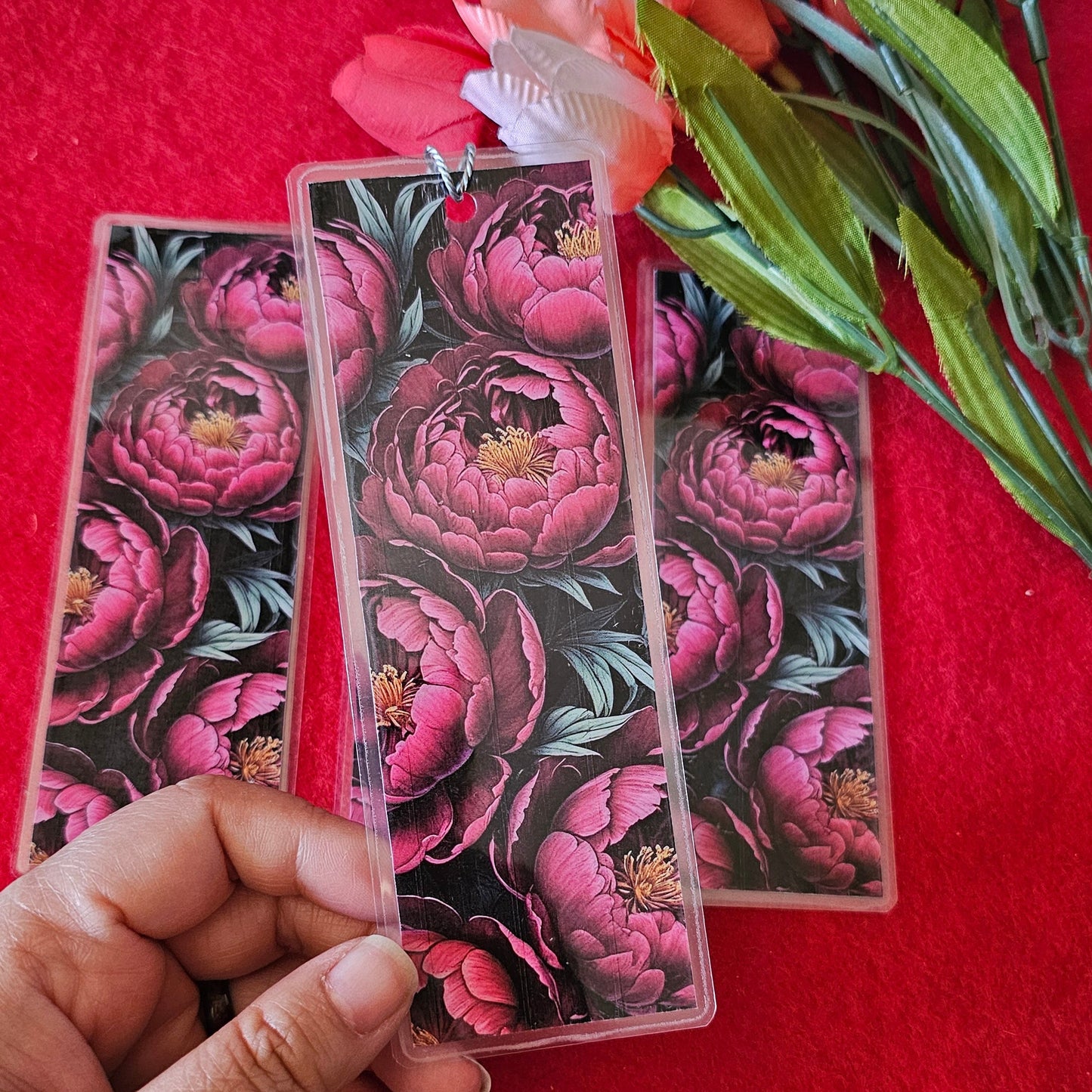Dark Pink Peonies Laminated Bookmark