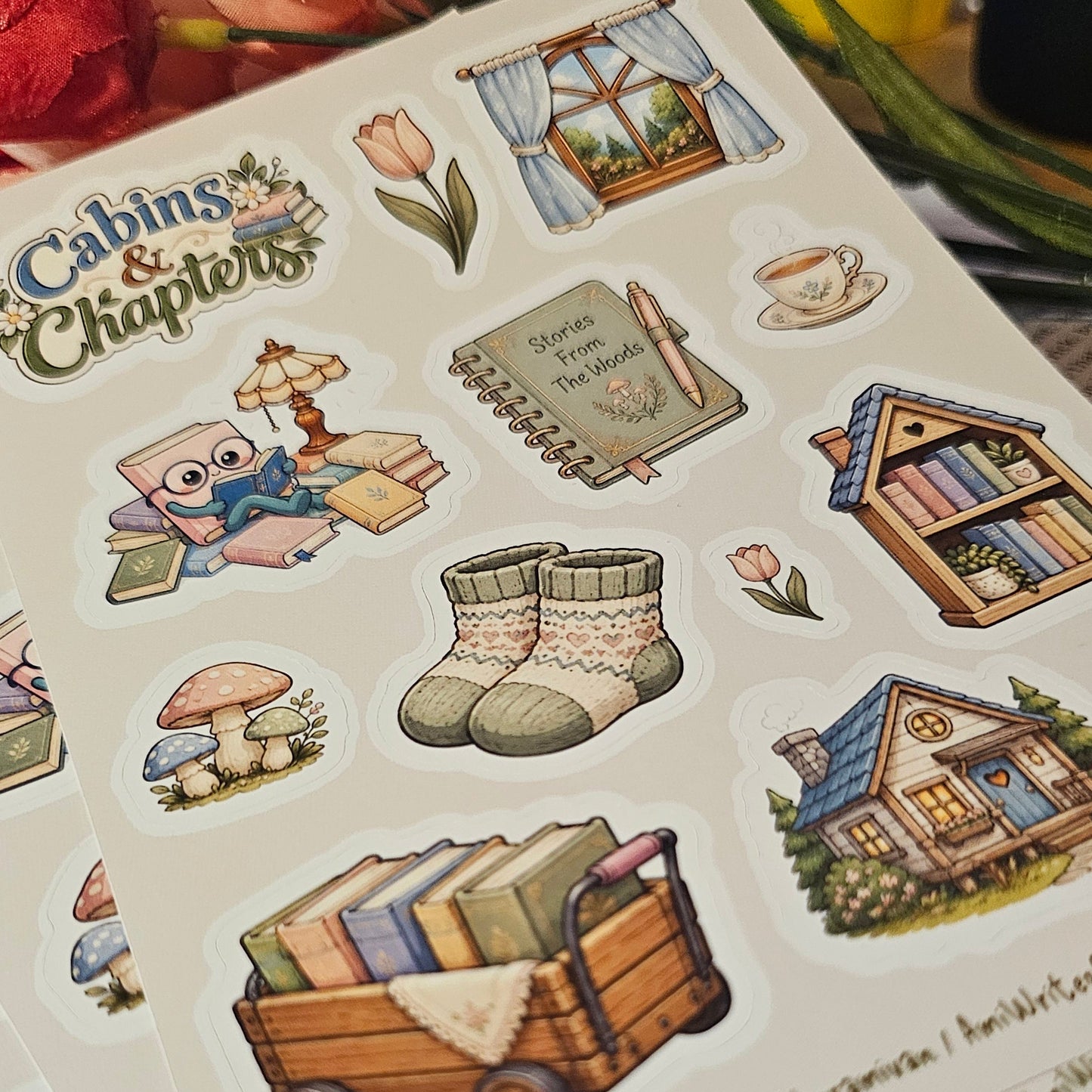 A close-up of a sticker sheet featuring cozy cabin and book-themed illustrations, including a small house, boots, books in a cart, and the text 'Cabins & Chapsions'.