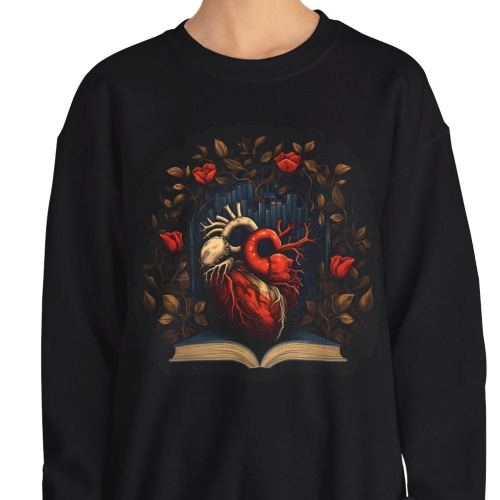 Black sweatshirt with a colorful heart design on a white background