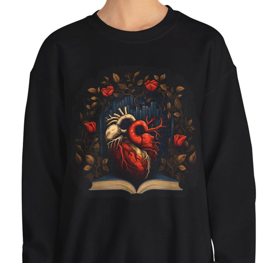Black sweatshirt with a colorful heart design on a white background