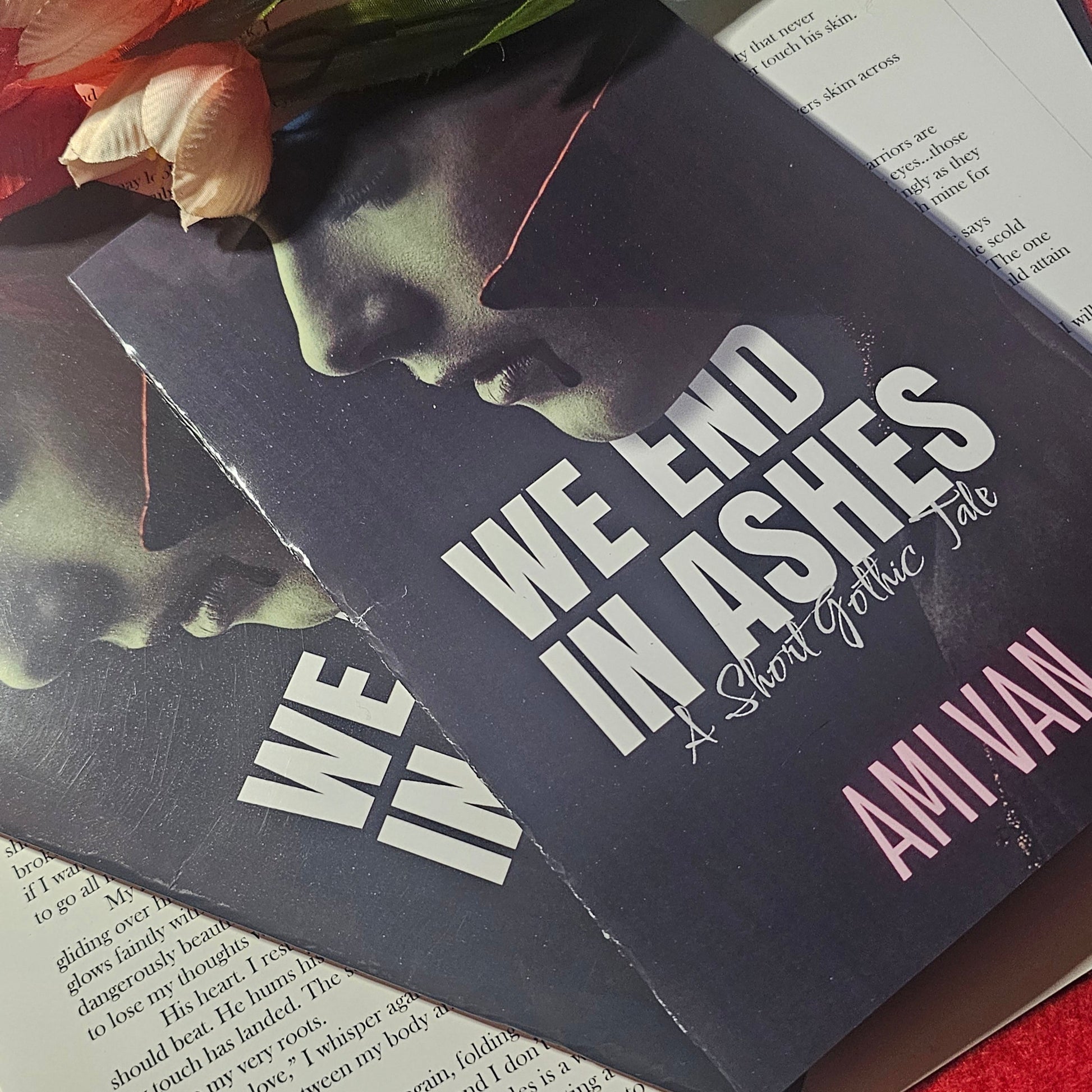 Book titled 'We Feed on Feathers' by Ami Van with a red background