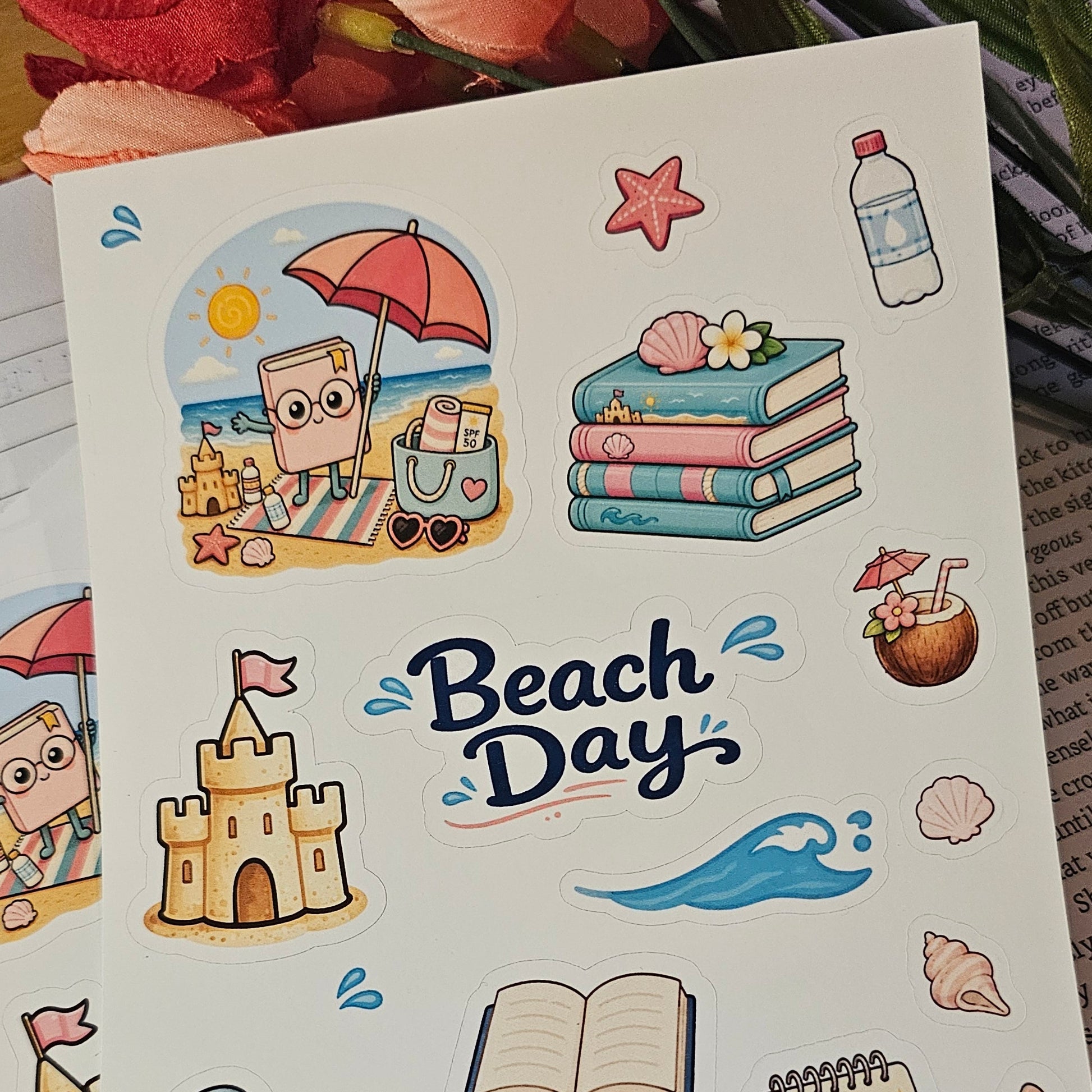A sticker sheet featuring colorful beach-themed illustrations, including a sandcastle, flip-flops, umbrella, books, starfish, and the words 'Beach Day.' It is photographed on top of other similar cards with flowers and a notebook around it.