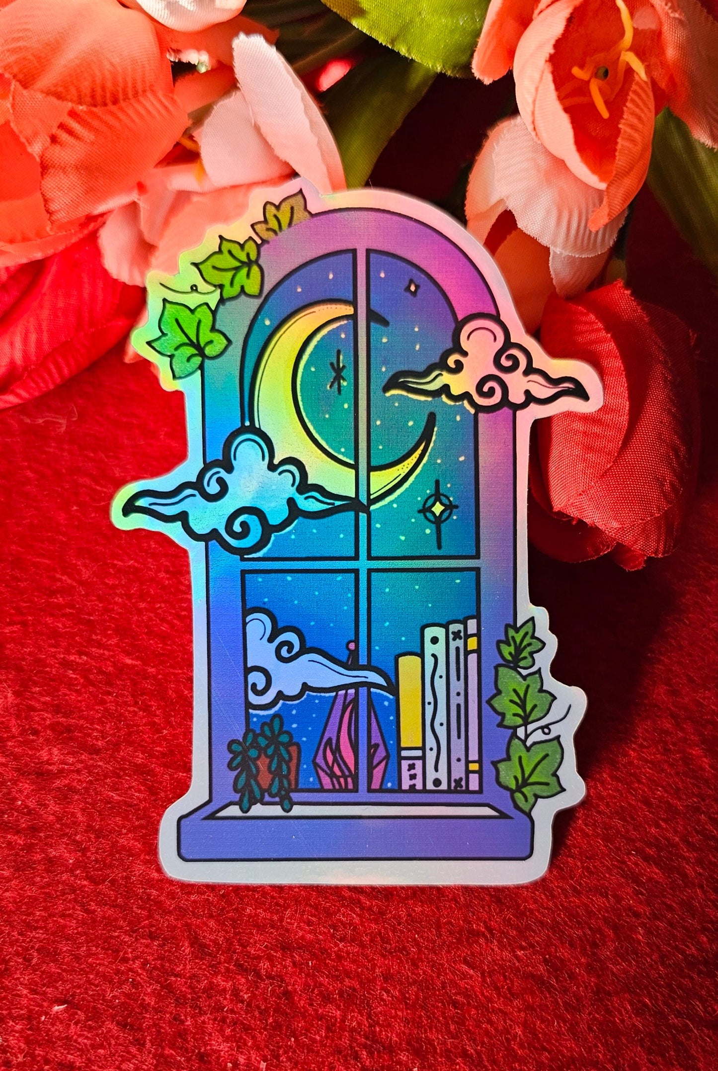 Glass Window Holographic Vinyl Sticker, Midnight Moonlight Reading, Daytime Crystals